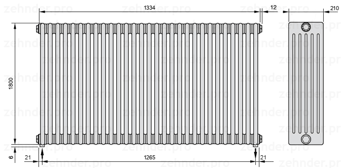 Схема (чертеж) Радиатор Zehnder Charleston 6180/29 №3570 Белый глянцевый RAL 9016
